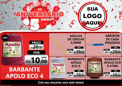 Modelo de Encarte para Encarte A4 Horizontal com o tema Promoção de Aniversário - 5 Anos para Armarinho e Aviamentos