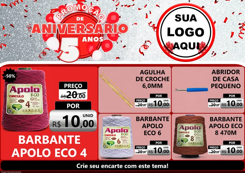 Modelo de Encarte para Encarte A4 Horizontal com o tema Promoção de Aniversário - 5 Anos para Armarinho e Aviamentos