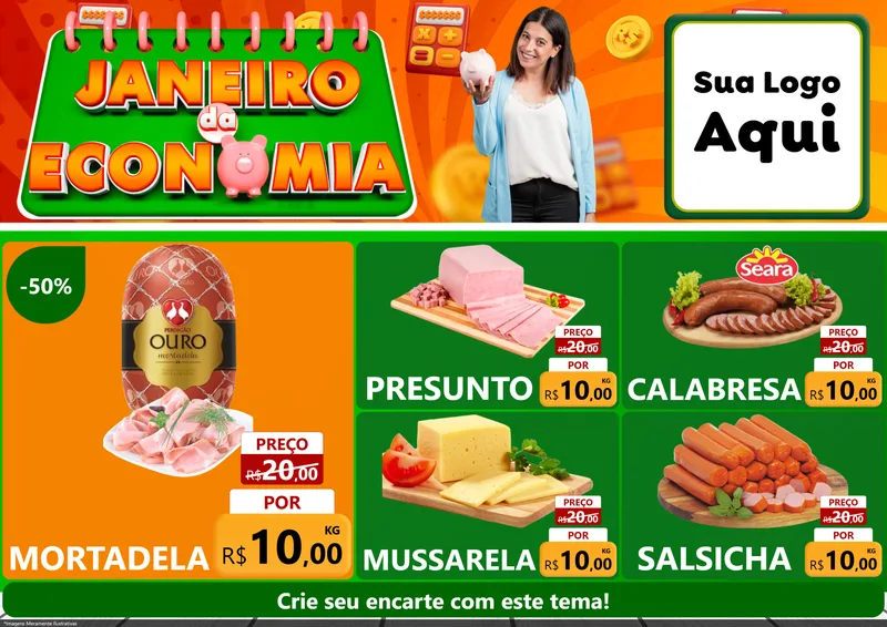Modelo de Encarte para Encarte A4 Horizontal com o tema Janeiro da Economia para Frios e Laticínios