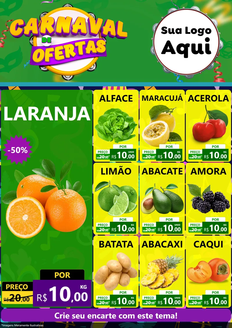 Modelo de Encarte para Encarte A4 Vertical com o tema Carnaval de Ofertas para Hortifrúti
