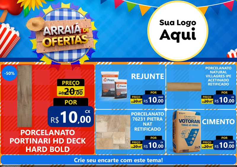 Modelo de Encarte para Encarte A4 Horizontal com o tema Arraiá de Ofertas para Pisos e revestimentos