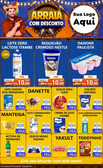 Modelo de Encarte para Encarte Grande com o tema Arraiá Com Desconto para Frios e Laticínios