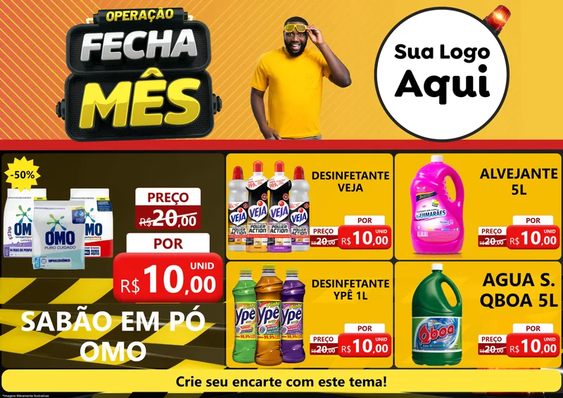 Modelo de Encarte para Encarte A4 Horizontal com o tema Operação Fecha Mês para Produtos de Limpeza