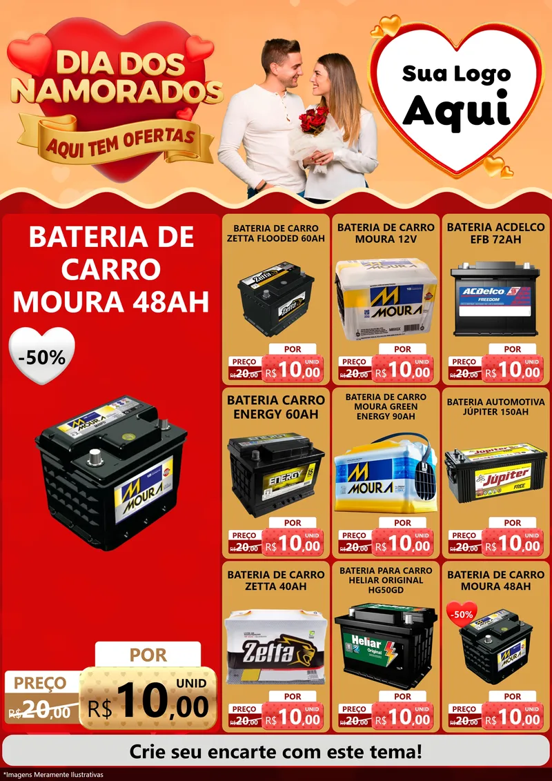 Modelo de Encarte para Encarte A4 Vertical com o tema Dia dos Namorados - Aqui Tem Ofertas para Baterias Elétricas
