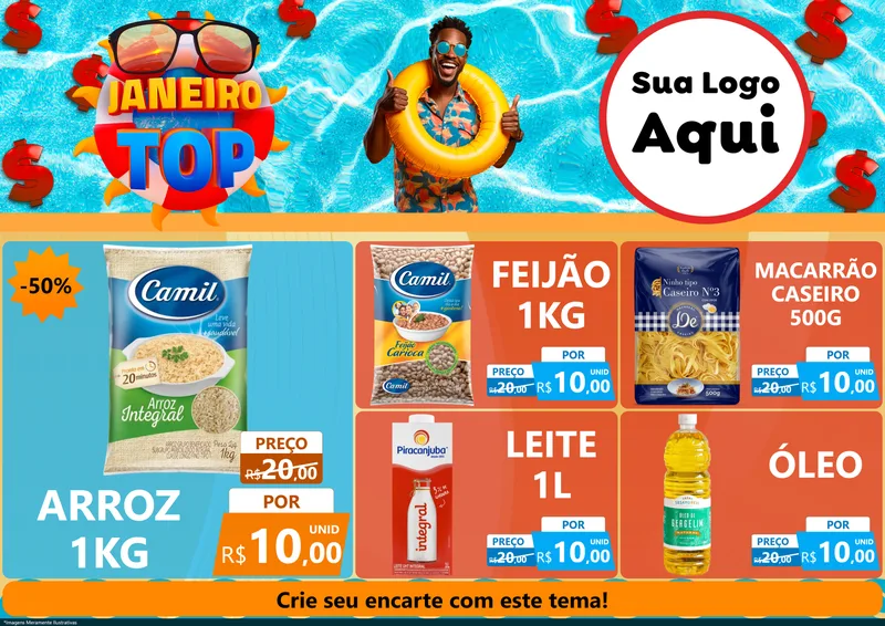 Modelo de Encarte para Encarte A4 Horizontal com o tema Janeiro Top para Supermercado