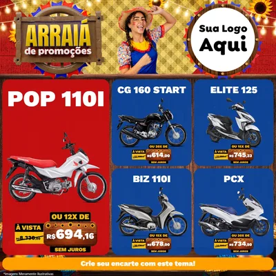 Modelo de Rede Social para Feed Facebook com o tema Arraiá de Promoções para Concessionaria de Motos