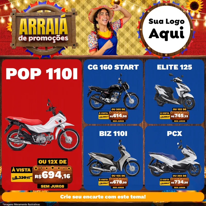 Modelo de Rede Social para Feed Facebook com o tema Arraiá de Promoções para Concessionaria de Motos