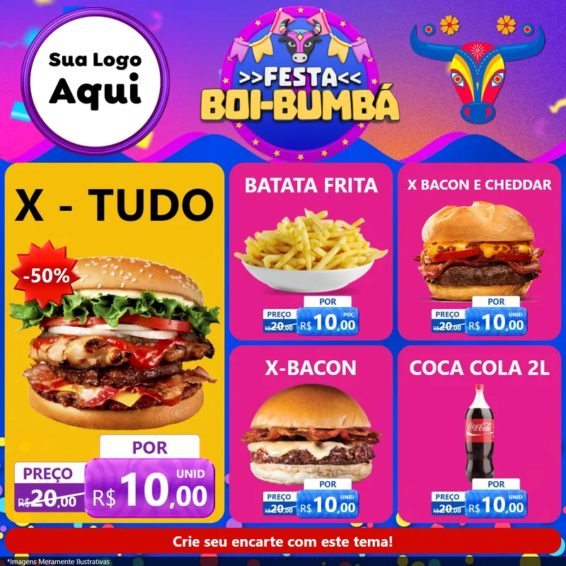 Modelo de Rede Social para Feed Facebook com o tema Festa Boi-Bumbá para Hamburgueria