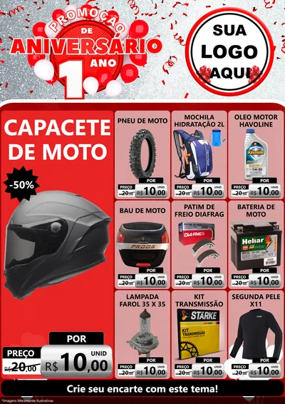 Modelo de Encarte para Encarte A4 Vertical com o tema Promoção de Aniversário - 1 Ano para Moto peças