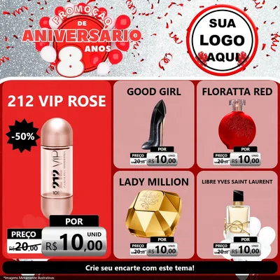 Modelo de Rede Social para Feed Facebook com o tema Promoção de Aniversário - 8 Anos para Perfumes