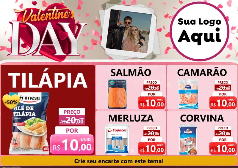 Modelo de Encarte para Encarte A4 Horizontal com o tema Valentine's Day para Peixaria