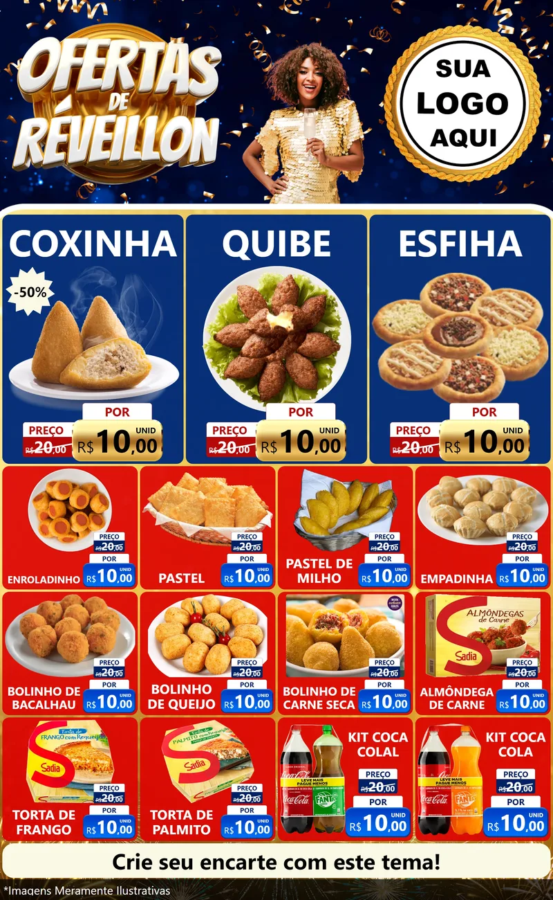 Modelo de Encarte para Encarte Grande com o tema Ofertas de Réveillon para Salgadaria