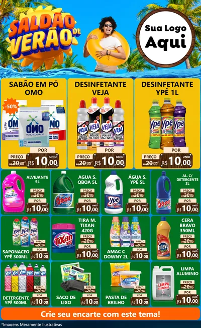 Modelo de Encarte para Encarte Grande com o tema Saldão de Verão para Produtos de Limpeza