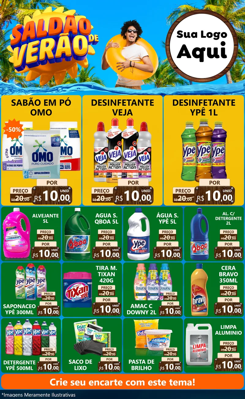 Modelo de Encarte para Encarte Grande com o tema Saldão de Verão para Produtos de Limpeza
