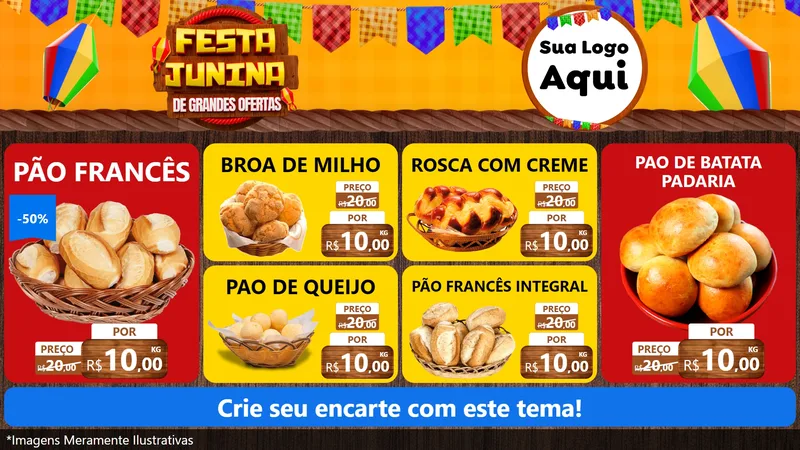 Modelo de TV para TV Horizontal com o tema Festa Junina de Grandes Ofertas para Padaria