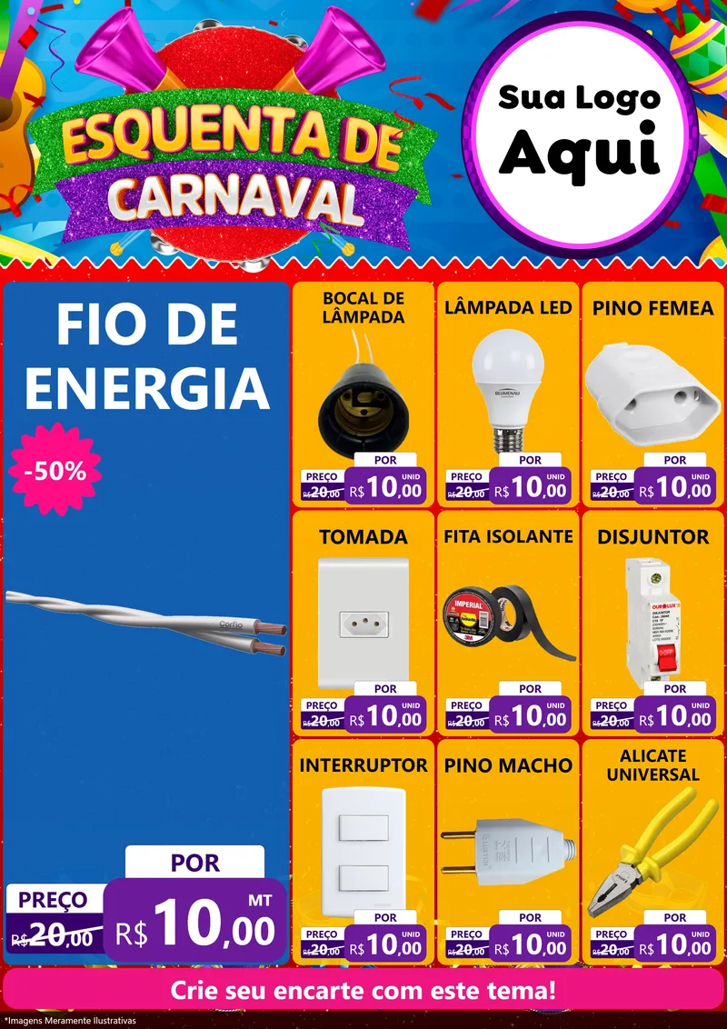 Modelo de Encarte para Encarte A4 Vertical com o tema Esquenta de Carnaval para Materiais Elétricos
