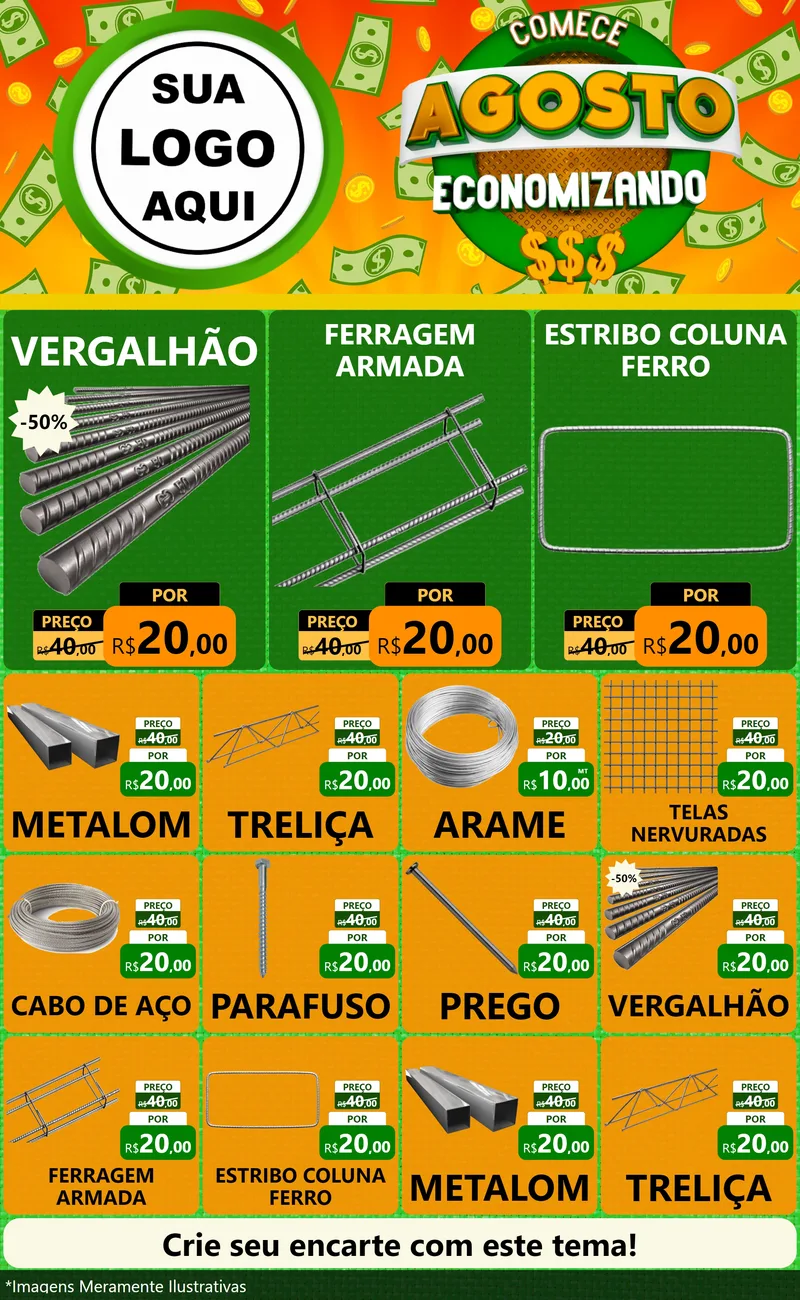 Modelo de Encarte para Encarte Grande com o tema Comece Agosto Economizando para Ferragens