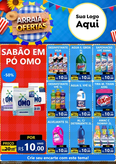 Modelo de Encarte para Encarte A4 Vertical com o tema Arraiá de Ofertas para Produtos de Limpeza