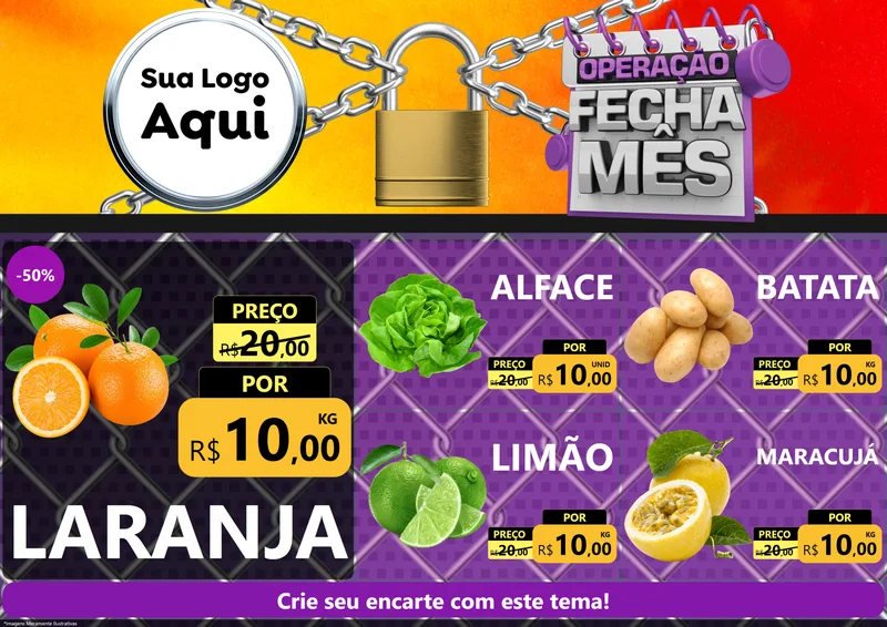Modelo de Encarte para Encarte A4 Horizontal com o tema Operação Fecha Mês para Hortifrúti