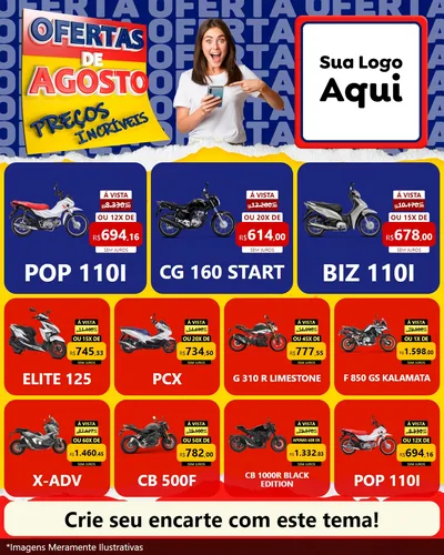 Modelo de Rede Social para Feed Instagram com o tema Ofertas de Agosto - Preços Incríveis para Concessionaria de Motos