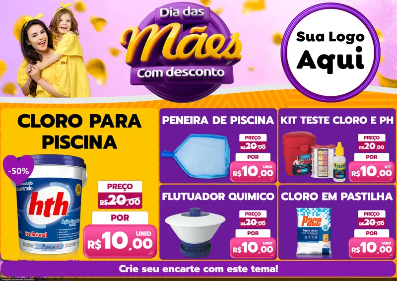 Modelo de Encarte para Encarte A4 Horizontal com o tema Dia das Mães com Desconto para Produtos para Piscina