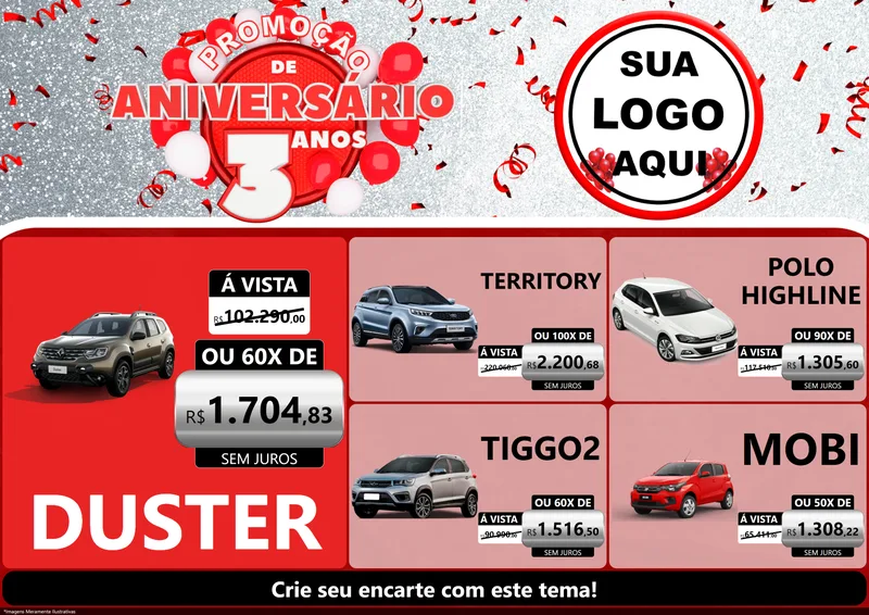 Modelo de Encarte para Encarte A4 Horizontal com o tema Promoção de Aniversário - 3 Anos para Concessionaria de Carros