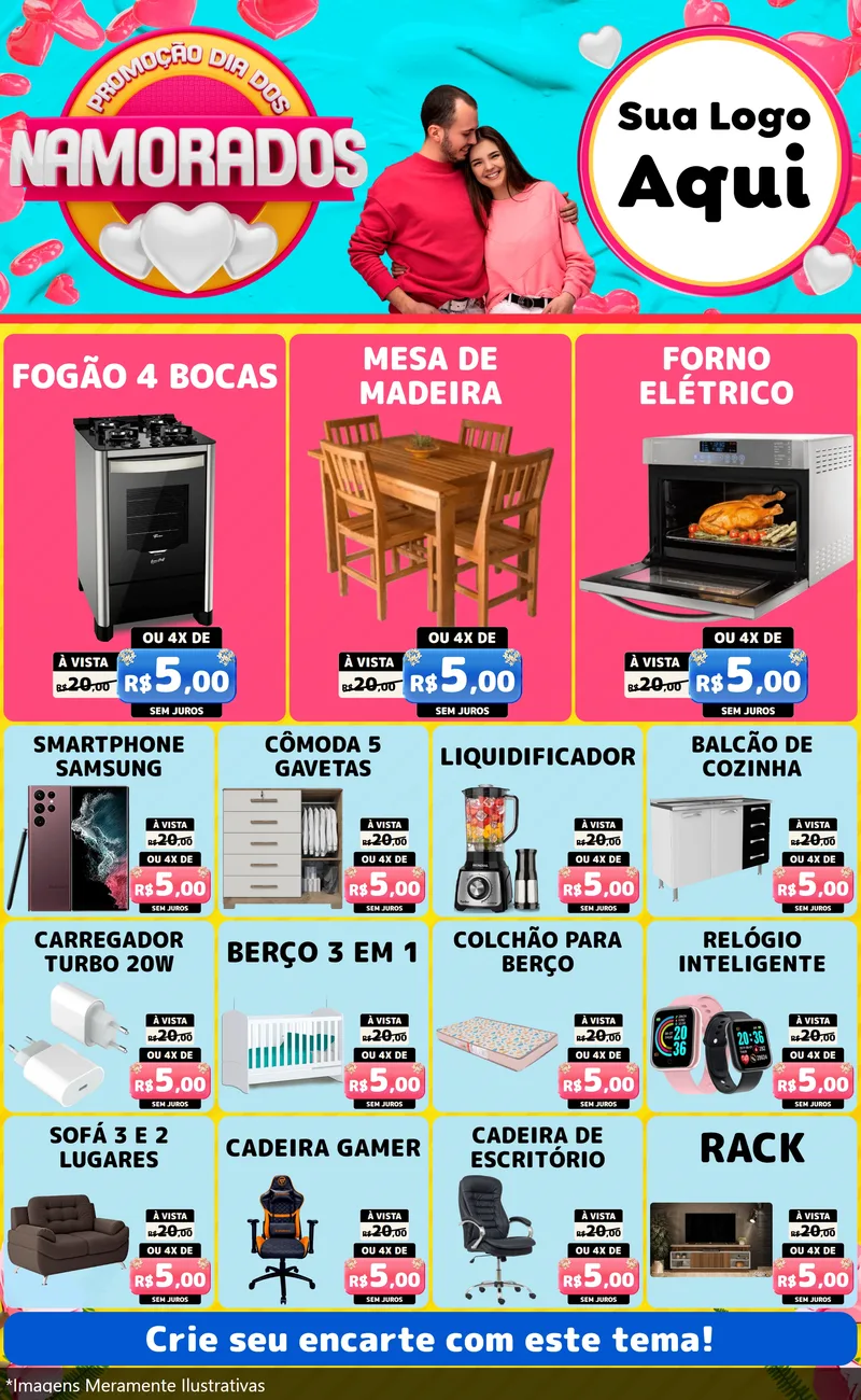 Modelo de Encarte para Encarte Grande com o tema Promoção Dia dos Namorados para Móveis e Eletro
