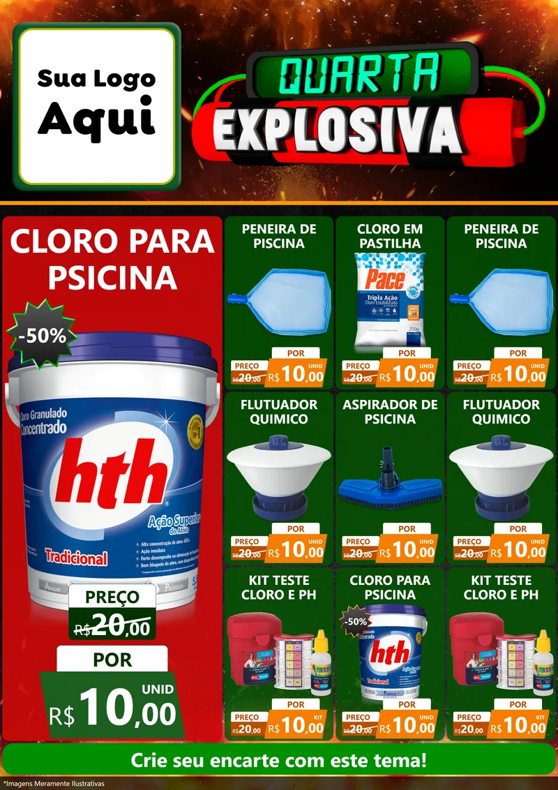Modelo de Encarte para Encarte A4 Vertical com o tema Quarta Explosiva para Produtos para Piscina