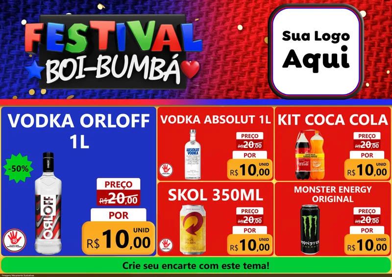 Modelo de Encarte para Encarte A4 Horizontal com o tema Festival Boi-Bumbá para Distribuidora de bebidas