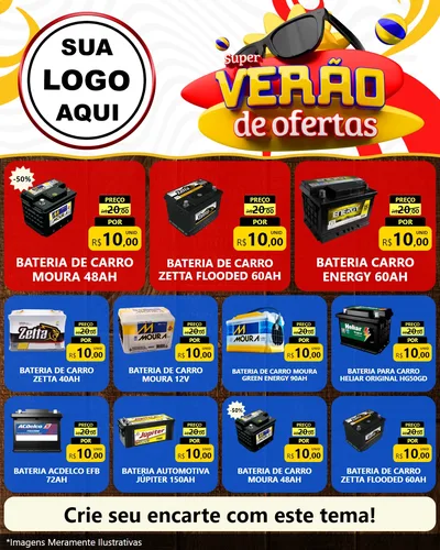 Modelo de Rede Social para Feed Instagram com o tema Super Verão de Ofertas para Baterias Elétricas