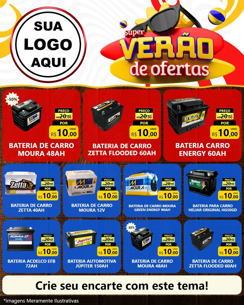 Modelo de Rede Social para Feed Instagram com o tema Super Verão de Ofertas para Baterias Elétricas