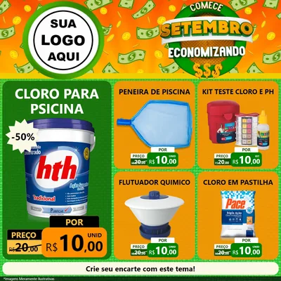 Modelo de Rede Social para Feed Facebook com o tema Comece Setembro Economizando para Produtos para Piscina