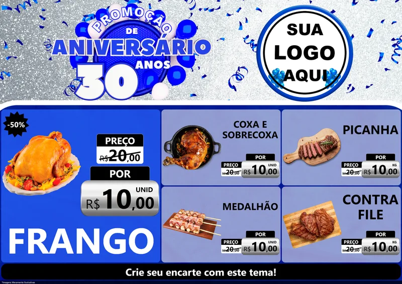 Modelo de Encarte para Encarte A4 Horizontal com o tema Promoção de Aniversário - 30 Anos para Assados