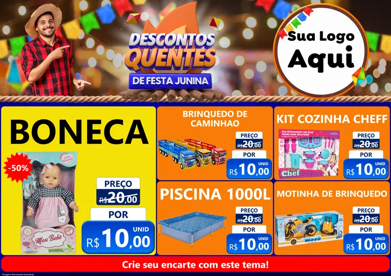 Modelo de Encarte para Encarte A4 Horizontal com o tema Descontos Quentes de Festa Junina para Brinquedos