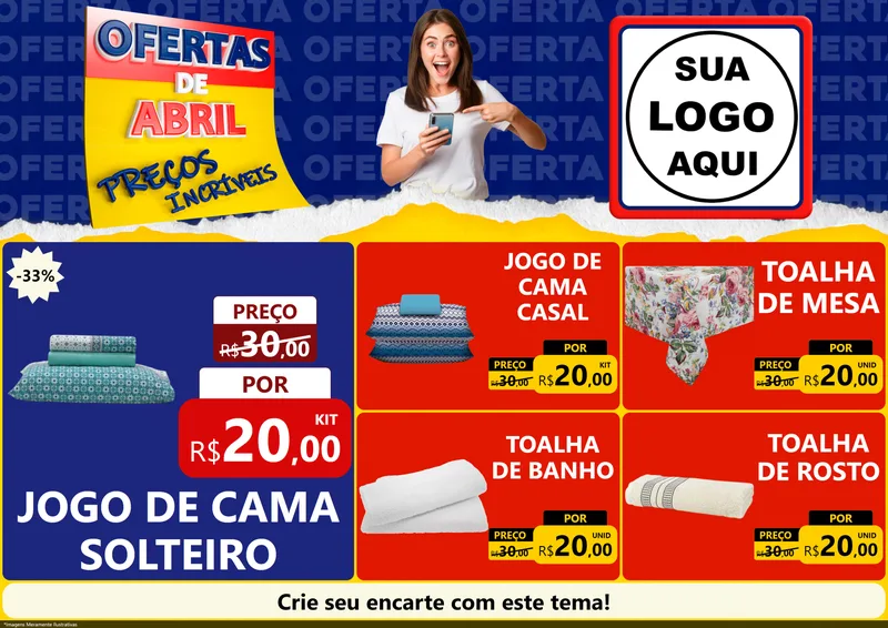 Modelo de Encarte para Encarte A4 Horizontal com o tema Ofertas de Abril - Preços Incríveis para Cama, Mesa e Banho