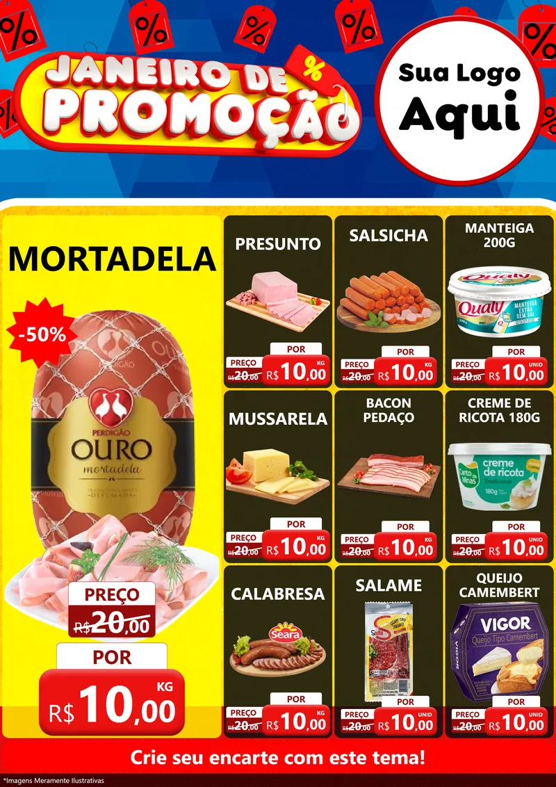 Modelo de Encarte para Encarte A4 Vertical com o tema Janeiro de Promoção para Frios e Laticínios