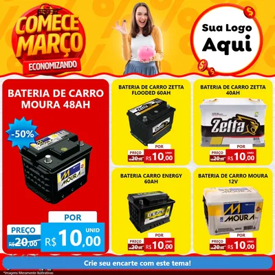Modelo de Rede Social para Feed Facebook com o tema Comece Março Economizando para Baterias Elétricas