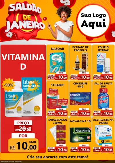 Modelo de Encarte para Encarte A4 Vertical com o tema Saldão de Janeiro para Farmácia