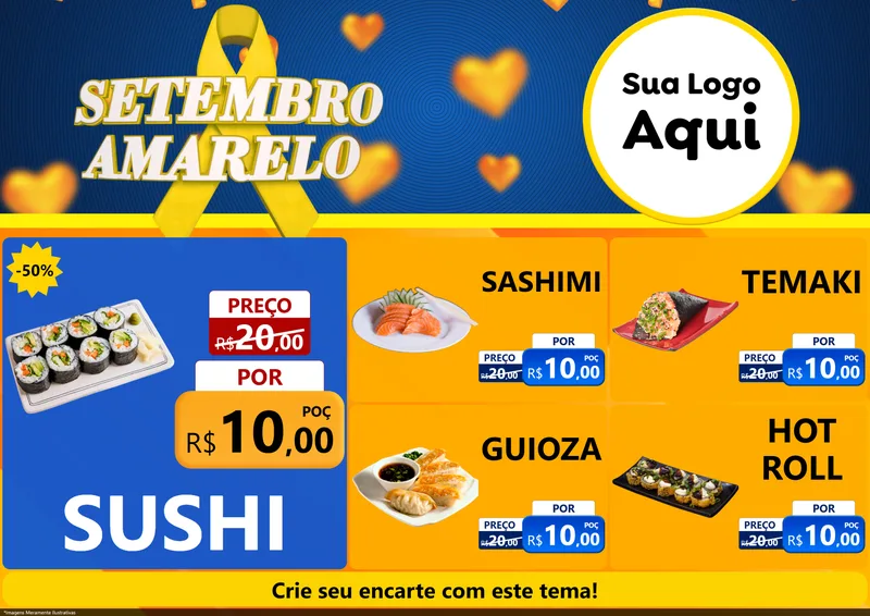 Modelo de Encarte para Encarte A4 Horizontal com o tema Setembro Amarelo para Comida japonesa