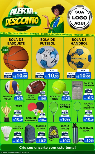 Modelo de Encarte para Encarte Grande com o tema Alerta de Desconto para Artigos Esportivos