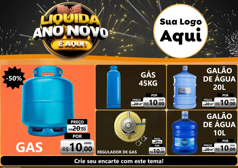 Modelo de Encarte para Encarte A4 Horizontal com o tema Liquida Ano Novo É Aqui! para Água e gás
