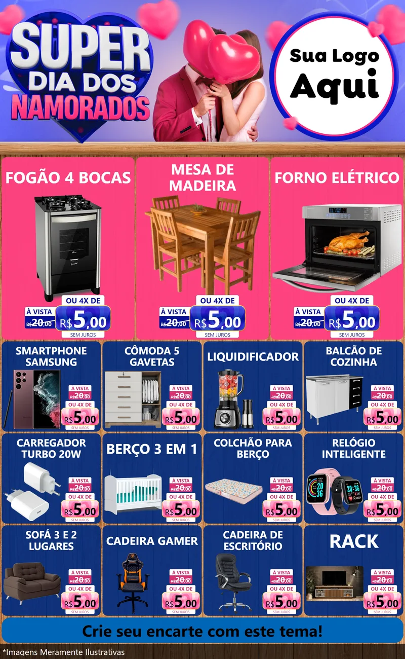 Modelo de Encarte para Encarte Grande com o tema Super Dia dos Namorados para Móveis e Eletro