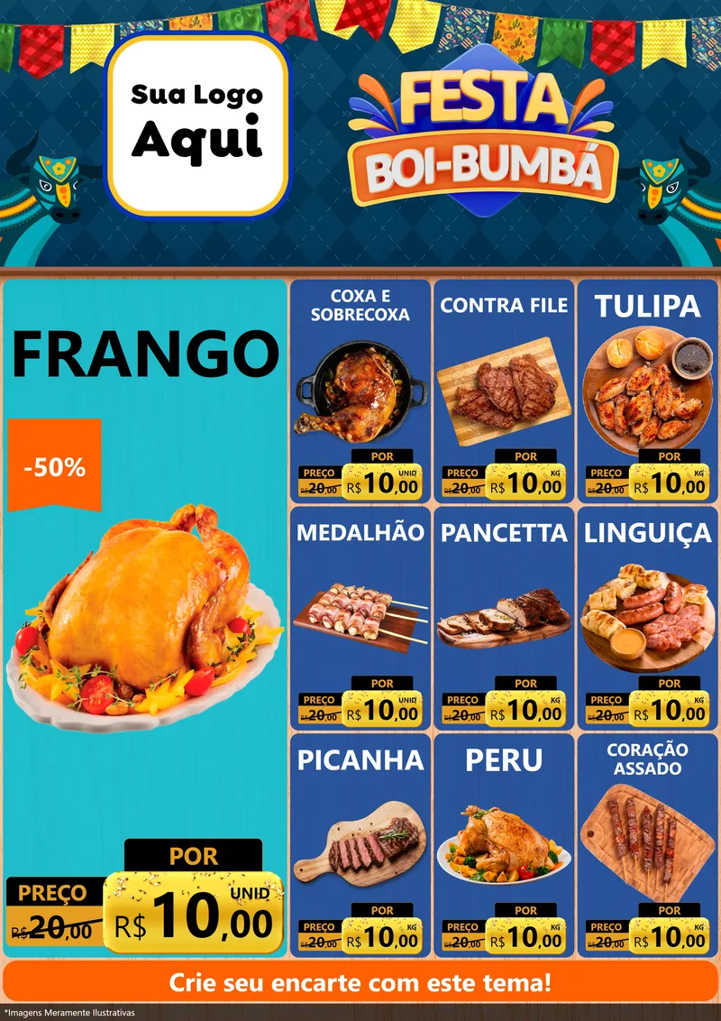 Modelo de Encarte para Encarte A4 Vertical com o tema Festa Boi Bumbá para Assados