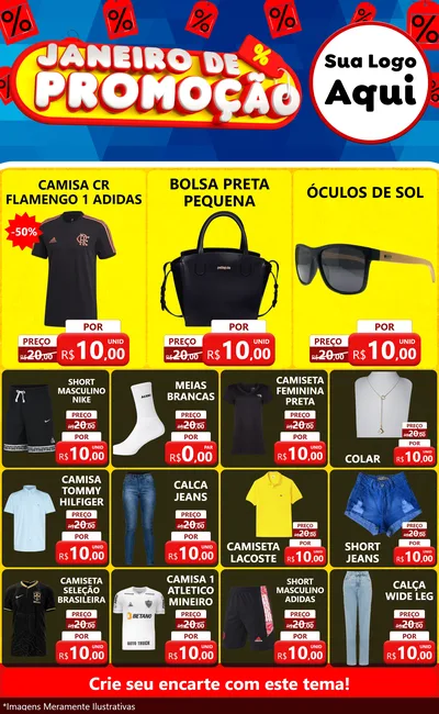 Modelo de Encarte para Encarte Grande com o tema Janeiro de Promoção para Roupas e acessórios