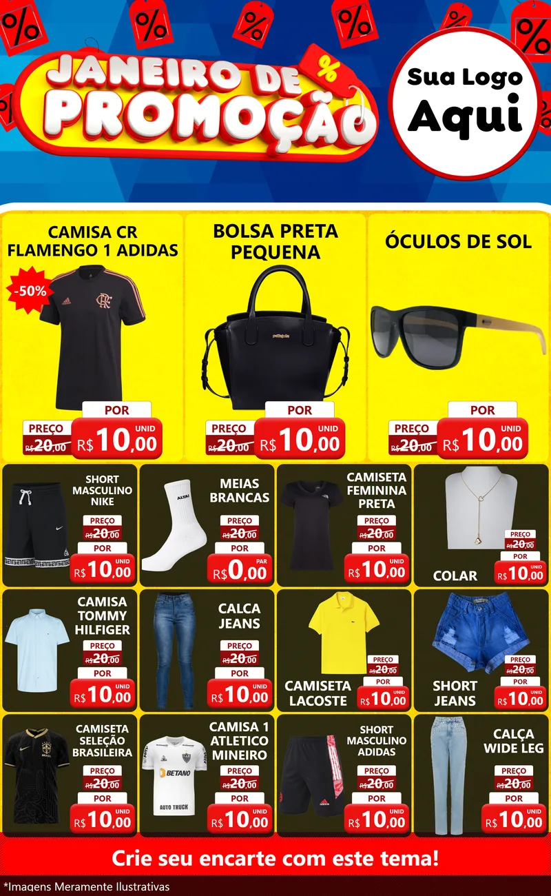 Modelo de Encarte para Encarte Grande com o tema Janeiro de Promoção para Roupas e acessórios