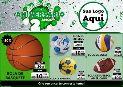 Modelo de Encarte para Encarte A4 Horizontal com o tema Promoção de Aniversário - 2 Anos para Artigos Esportivos