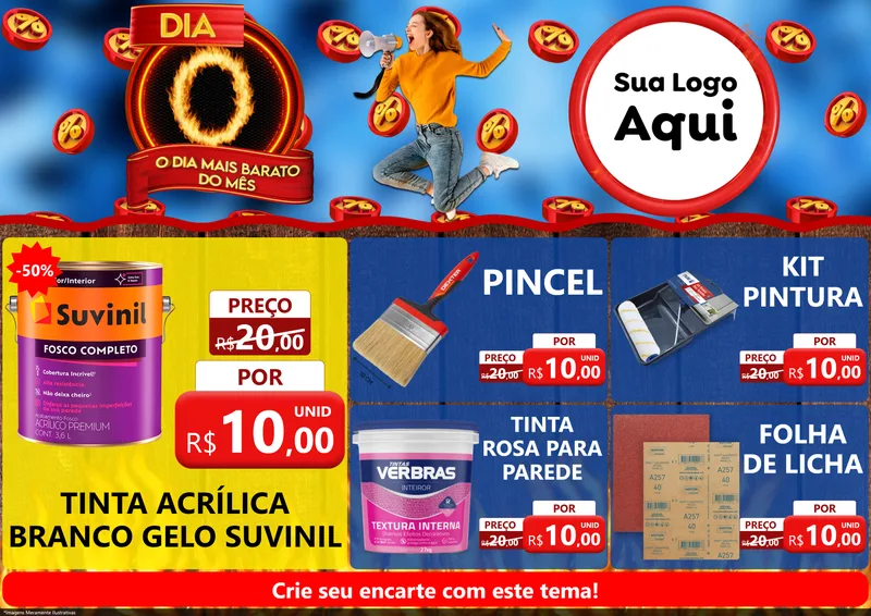 Modelo de Encarte para Encarte A4 Horizontal com o tema Dia O - O Dia Mais Barato Do Mês para Tintas e Ferramentas
