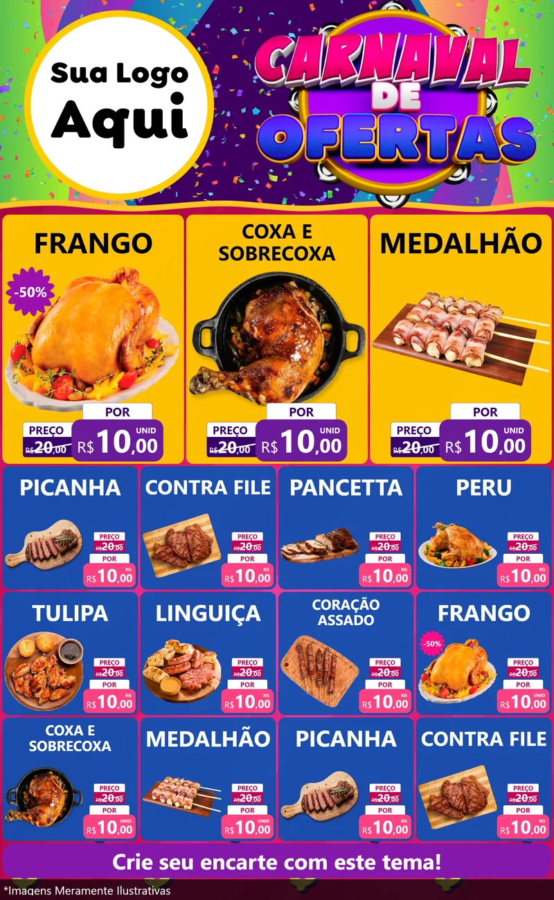 Modelo de Encarte para Encarte Grande com o tema Carnaval de Ofertas para Assados