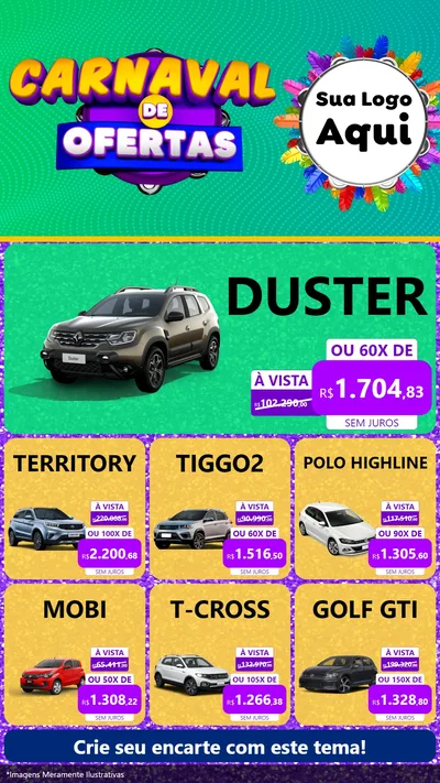 Modelo de Rede Social para Stories com o tema Carnaval de Ofertas para Concessionaria de Carros