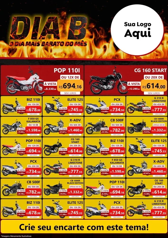 Modelo de Encarte para Encarte A4 Vertical com o tema Dia B para Concessionaria de Motos